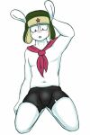 absurd_res adam&#039;s_apple animal_humanoid black_briefs black_clothing black_underwear blush bottomwear briefs bulge clothing embarrassed fur green_clothing green_hat green_headwear hand_behind_head hat headgear headwear hi_res humanoid kneeling kneeling_on_ground lagomorph lagomorph_humanoid looking_at_genitalia looking_at_self looking_down male mammal mammal_humanoid mitu_(xiaomi) muffin_top n3tsc4pe navel necktie pecs red_necktie simple_background slightly_chubby slightly_chubby_male solo squish thigh_squish tight_bottomwear tight_clothing tight_underwear torn_bottomwear torn_clothing torn_underwear underwear ushanka white_background white_body white_fur xiaomi