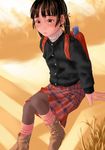  backpack bag boots brown_eyes brown_hair cardigan copyright_request highres instrument pantyhose randoseru recorder recorder_case school_uniform solo twintails ujiie_moku 