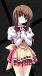  apron blue_eyes bow bowtie brown_hair looking_at_viewer original parted_lips sleeves_past_wrists solo thighhighs waitress zettai_ryouiki zinno 