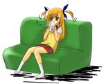  artist_request couch cup drinking full_body green_eyes heterochromia holding kneehighs long_hair lyrical_nanoha mahou_shoujo_lyrical_nanoha_strikers miniskirt motion_lines orange_hair red_eyes shirt short_sleeves simple_background sitting skirt solo steam sweater_vest two_side_up vivio white_background white_legwear white_shirt 