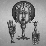  1boy 88kasyo_junrei afro album_cover anatomical_nonsense ass cloud commentary_request cover creature doll_joints earrings greyscale highres jewelry joints lips monochrome mudra nude painting_(medium) propeller sky surreal taniguchi_takashi traditional_media unfinished 