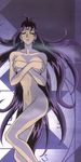  90s araizumi_rui breast_hold breasts circlet closed_eyes convenient_leg covering crease crossed_arms earrings hair_intakes jewelry legs lina_inverse long_hair lying naga_the_serpent navel nude on_back purple_hair scan slayers smile solo very_long_hair 