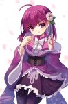  1girl ahoge black_corset corset flower hair_flower hair_ornament highres japanese_clothes kimono long_hair magical_girl mahou_shoujo_madoka_magica mahou_shoujo_madoka_magica_magia_exedra miniskirt plusplushm purple_eyes purple_hair purple_kimono skirt tokiwa_nanaka white_flower wide_sleeves 