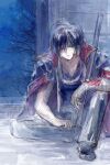  1boy bandaged_arm bandages black_coat black_hair black_shirt blood blood_on_bandages blood_on_face coat coat_on_shoulders gintama grey_pants highres lushu_kuye male_focus night night_sky pants popped_collar shirt sitting sky solo sword takasugi_shinsuke tree weapon 