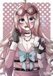  1girl absurdres antenna_hair barbed_wire black_choker black_gloves blonde_hair blue_bow blush border bow breasts choker cleavage commentary_request danganronpa_(series) danganronpa_v3:_killing_harmony dated eyelashes fingerless_gloves flying_sweatdrops gloves goggles goggles_on_head hair_between_eyes hands_up highres iruma_miu ko_jira long_hair long_sleeves open_mouth pink_shirt polka_dot polka_dot_background sailor_collar shirt signature solo upper_body very_long_hair wavy_mouth white_border white_sailor_collar 