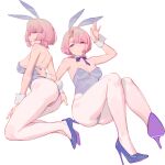  1girl absurdres arimura_mao blue_bow blue_bowtie blue_leotard bow bowtie breasts detached_collar gakuen_idolmaster high_heels highres idolmaster leotard long_hair medium_breasts multiple_views pantyhose pink_hair playboy_bunny purple_eyes ren_huozhe solo white_background white_pantyhose wrist_cuffs 