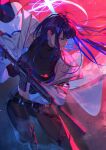  1girl absurdres assault_rifle black_gloves black_pants black_shoes black_sports_bra blue_archive blue_eyes blue_hair gloves gun highres holding holding_gun holding_weapon jacket long_hair looking_to_the_side nefula14 pants rifle saori_(blue_archive) sharp_teeth shoes sidelocks sig_516 sig_sauer solo sports_bra teeth weapon white_jacket 