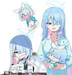  2girls anubis_(mythology) arona_(blue_archive) blue_archive blue_eyes blue_hair blue_halo blue_pajamas board_game braid character_doll chess chess_piece chessboard colored_inner_hair commentary_request doll doodle_sensei_(blue_archive) general_student_council_president_(blue_archive) hair_over_one_eye hairband halo highres korean_commentary long_hair long_sleeves miniskirt multicolored_hair multiple_girls pajamas phrenapates_(blue_archive) pink_hair plana_(blue_archive) pleated_skirt sensei_(blue_archive) short_hair single_braid skirt skyrain315 two-tone_hair very_long_hair white_hairband white_skirt 