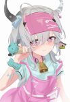  1girl absurdres ahoge animal_ears apron bandaged_horn bell blue_scrunchie blue_shirt blush bright_pupils collared_shirt commentary cow_ears cow_girl cow_horns curled_horns ear_tag eyes_visible_through_hair fake_horns food food_on_body grey_hair grey_horns grin hair_between_eyes hand_up highres holding holding_ice_cream_cone horned_headwear horns ice_cream ice_cream_cone long_bangs long_hair looking_at_viewer melting mint_chocolate neck_bell nose_blush osorii parted_lips pink_apron pink_eyes romaji_commentary scrunchie shirt short_sleeves simple_background smile soft_serve solo strap_slip upper_body uyoo_(vrchat) visor_cap vrchat waitress white_background wrist_scrunchie 