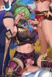  4girls artist_name bare_shoulders black_gloves black_mask black_nails black_shoes black_thighhighs bracelet breasts commentary crop_top detached_sleeves double_handjob erection exlic fishnet_gloves fishnets futa_with_female futanari gangbang genshin_impact gloves green_hair group_sex hand_on_own_hip handjob highres jewelry kuki_shinobu lumine_(genshin_impact) mask medium_breasts midriff mouth_mask multiple_girls navel no_panties on_grass partially_fingerless_gloves patreon_username penis purple_eyes purple_sleeves pussy_juice see-through_cleavage see-through_clothes sex shoes shorts sleeveless solo_focus stomach testicles thighhighs torn_clothes torn_shorts uncensored vaginal yanfei_(genshin_impact) yelan_(genshin_impact) 