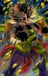  absurdres armor black_hair blue_eyes bracer broly_(dragon_ball_super) broly_(dragon_ball_z) cracked_screen dragon_ball dragon_ball_super dragon_ball_super_broly dragon_ball_z dual_persona highres hydeover9000 muscular muscular_male open_mouth pelt saiyan_armor screaming shoulder_armor spiked_hair super_saiyan waist_cape yellow_eyes 