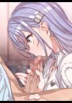  1boy 1girl blue_eyes blue_hair erere fellatio handjob hetero idolmaster idolmaster_shiny_colors letterboxed motion_lines oral penis shirt suzuki_hana upper_body white_shirt 