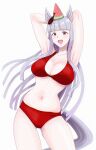  1girl absurdres alternate_costume animal_ears armpits arms_behind_head arms_up ass_visible_through_thighs beetle bikini breasts bug cleavage collarbone commentary_request food fruit gold_ship_(umamusume) highres horse_ears horse_girl horse_tail large_breasts long_hair navel open_mouth osage_gankyou purple_eyes red_bikini rhinoceros_beetle simple_background smile solo stomach swimsuit tail umamusume very_long_hair watermelon watermelon_slice white_background 