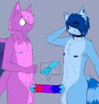 aimpunch anthro azura_(aimpunch) back_wings balls big_penis blue_body blue_fur blue_hair chinese_finger_trap choker dmile dragon duo ear_piercing ear_ring erection foreskin fur furred_dragon furred_scalie genitals grey_background hair half-closed_eyes hi_res huge_penis humanoid_genitalia humanoid_penis industrial_piercing jewelry male male/male mammal membrane_(anatomy) membranous_wings multicolored_body multicolored_fur mythological_creature mythological_scalie mythology narrowed_eyes necklace nervous nude penis piercing procyonid purple_hair purple_membrane raccoon ring_piercing scalie simple_background smile two_tone_body two_tone_fur vein veiny_penis wide_eyed wings
