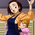  apron breast_grab breasts eyelashes futari_wa_precure grabbing haruyama_kazunori lowres medium_breasts misumi_nagisa misumi_rie mother_and_daughter multiple_girls precure 