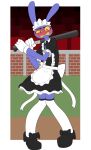 anthro baseball_bat bat_(object) biped blush clothed clothing crossdressing eyebrows glitch_productions hi_res jax_(tadc) lagomorph maid_uniform male mammal munkeesgomu purple_body solo the_amazing_digital_circus uniform
