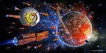  3d arsenixc artist_name commentary_request copyright_name copyright_notice english_commentary highres lens_flare meteora mixed-language_commentary nebula no_humans planet planetary_ring scenery science_fiction space space_station spacecraft star_(sky) 