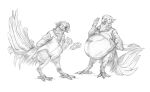 ambiguous_species anthro arm_support avian avian_feet beak before_and_after belly belly_expansion big_belly bird bottomless claws clothed clothing common_pheasant duo expansion eyes_closed faisan_(foxcall) feather_hands feathers feet food galliform hand_behind_back holding_food holding_object leaning_on_elbow leaning_on_table male monochrome mostly_offscreen_character obese obese_anthro obese_male open_beak open_mouth open_smile overweight overweight_anthro overweight_male passerine_dragon phasianid phasianus scutes smile solo_focus standing tail tail_feathers talons toes weight_gain