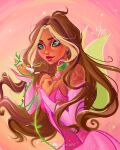  1girl artist_name bare_shoulders blonde_hair breasts brown_hair chibimica choker cleavage closed_mouth collarbone commentary cowboy_shot dark-skinned_female dark_skin dress earrings english_commentary eyelashes fairy fairy_wings flora_(winx_club) flower_choker flower_tattoo glitter gold_earrings green_choker green_eyes green_wings hand_on_own_chest happy heart heart_in_eye highres hoop_earrings jewelry light_blush light_particles lipstick long_hair looking_at_flowers magical_girl makeup multicolored_hair pink_arm_warmers pink_background pink_dress pink_nails pleated_dress red_lips short_dress shoulder_tattoo signature smile solo sparkle standing strapless strapless_dress streaked_hair symbol_in_eye tattoo thick_eyebrows two-tone_hair very_long_hair wings winx_club 