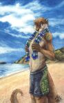 anthro bayshore beach blotch claws cliffside_(terrain) clothing finger_claws male mammal mustelid otter sand sea sky skyscape solo swimming_trunks swimwear towel towel_around_neck water