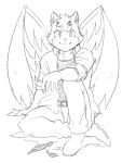  1boy animal_ears cat_boy cat_ears closed_mouth commentary_request feathered_wings feathers furry furry_male gegegenomin hatching_(texture) linear_hatching looking_at_viewer male_focus sitri_(housamo) sitting smile tokyo_afterschool_summoners whiskers wings 