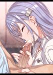  1boy 1girl blue_hair closed_eyes commentary_request cum cum_in_mouth cum_overflow erere fellatio hetero idolmaster idolmaster_shiny_colors letterboxed oral penis shirt suzuki_hana upper_body white_shirt 