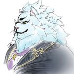  1boy animal_ears ascot black_suit closed_mouth commentary_request furry green_eyes highres irurahiko lion_boy lion_ears lion_mane male_focus monocle profile purple_ascot smile snow_(housamo) suit tokyo_afterschool_summoners upper_body whiskers white_background 