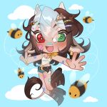 animal_ear_piercing animal_ears bandaid bandaid_on_arm bandaid_on_cheek bandaid_on_face bandaid_on_leg bandaid_on_nose bare_arms bee bee_hair_ornament belt belt_buckle blue_shorts blue_sky boots bracelet breasts bright_pupils brown_belt brown_boots brown_hair buckle bug cleavage cloud commentary commission cow_ears cow_girl cow_hair_ornament cow_horns cow_tail cropped_shirt dark-skinned_female dark_skin denim denim_shorts dotted_line english_commentary eyes_visible_through_hair floating gold_bracelet gold_buckle green_eyes hair_between_eyes hair_ornament hairclip hapymaher heterochromia high_heel_boots high_heels highres horns jewelry knee_boots leg_up light_blush long_hair medium_breasts midriff multicolored_hair open_mouth original red_eyes scarf short_shorts shorts signature sky smile strap_slip tail tank_top two-tone_hair white_hair white_horns white_pupils white_tank_top wikate yellow_scarf 