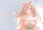  1girl absurdres ahoge animal_ear_fluff animal_ears blonde_hair blue_eyes blue_sky blush bouquet breasts brown_hair cat_ears cat_girl cat_tail collarbone colored_inner_hair commentary_request crossed_bangs day double-parted_bangs falling_petals flower heterochromia highres holding holding_bouquet indie_virtual_youtuber large_breasts long_hair long_sleeves looking_at_viewer mikan_mizu multicolored_hair nanto_kanaru negative_space off-shoulder_shirt off_shoulder orange_eyes orange_flower orange_shirt outdoors parted_lips petals pink_flower red_flower shirt sky smile standing sunlight tail upper_body virtual_youtuber white_flower 
