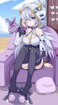  1girl absurdres black_thighhighs blue_eyes blue_sky breasts chain cleavage commentary_request couch detached_sleeves gold_chain grey_hair highres honkai_(series) honkai_impact_3rd long_hair medium_breasts meme no_shoes on_couch one_eye_closed outdoors pillow s956448903 sitting sky solo teri_derp_(meme) theresa_apocalypse theresa_apocalypse_(schicksal&#039;s_imperative) thighhighs thighs toes white_hood 
