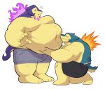 2025 anthro anthro_on_anthro barefoot belly belly_overhang belly_squish big_belly blush bottomwear clothed clothing duo feet fire generation_2_pokemon generation_8_pokemon hi_res hisuian_form hisuian_typhlosion holding_belly huge_belly jockstrap kemono kneeling love_handles male male/male moobs narrowed_eyes navel nintendo obese obese_anthro obese_male on_one_knee overweight overweight_anthro overweight_male plantigrade pokemon pokemon_(species) regional_form_(pokemon) shorts simple_background smile splashburr squish standing sweatdrop_(iconography) topless topless_anthro topless_male typhlosion underwear white_background