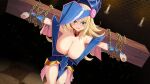  1girl alternate_breast_size armor armpit_crease bare_shoulders blonde_hair blue_hat blush blush_stickers breasts chain choker collarbone crucifixion dark_magician_girl duel_monster eyes_visible_through_hair gem glint green_eyes hair_between_eyes hat huge_breasts jewelry light_particles long_hair looking_at_viewer low_neckline neck_ring open_mouth parted_lips phrygian_helmet red_gemstone restrained showgirl_skirt simple_background solo teeth vambraces wizard_hat yasume_yukito yu-gi-oh! 