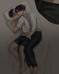  2boys barefoot black_eyes black_hair black_pants black_shorts blush earrings feet hair_between_eyes heterochromia hyohls2_(hamao3o) jewelry long_sleeves lying male_focus multicolored_hair multiple_boys pants red_eyes red_hair sakura_haruka_(wind_breaker) shirt short_hair short_sleeves shorts split-color_hair suo_hayato tassel tassel_earrings toes white_hair white_shirt wind_breaker_(nii_satoru) yaoi yellow_eyes 
