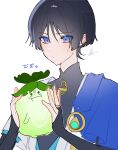  1boy aqua_gemstone aranara_(genshin_impact) black_bodysuit black_hair blue_cape blue_kimono blue_sleeves blunt_ends bodysuit cape closed_mouth creature gem genshin_impact gold gold_ring hands_up highres holding holding_creature japanese_clothes juban kimono layered_sleeves looking_at_creature male_focus mandarin_collar middle_ring nero_hanken open_clothes open_kimono pom_pom_(clothes) purple_eyes scaramouche_(genshin_impact) short_sleeves sketch solo upper_body vision_(genshin_impact) wanderer_(genshin_impact) watermark white_background white_kimono white_sleeves wispy_bangs 