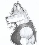angry anthro barazoku canid canine canis clothed clothing epic_games eyebrows fortnite fur greyscale hi_res looking_down male mammal monochrome muscular muscular_anthro muscular_male pinumontbalou solo vein veiny_muscles wendell_(fortnite) wolf