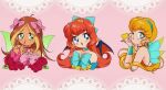  1990s_(style) 3girls adapted_costume ahoge animification aqua_hairband bad_id bad_twitter_id bare_shoulders bishoujo_senshi_sailor_moon blonde_hair bloom_(winx_club) blowing_kiss blue_arm_warmers blue_bow blue_bowtie blue_choker blue_eyes blue_leotard blue_wings bow bowtie bracer breasts brooch brown_hair choker cleavage commentary cropped_torso dark-skinned_female dark_skin dot_nose dragon_wings earrings english_commentary eyelashes eyes_visible_through_hair eyeshadow fairy fairy_wings faux_retro_artstyle finger_to_mouth flora_(winx_club) flower frilled_bowtie gleam gold_earrings gold_tiara green_eyes green_wings hair_bow hair_tubes hairband heart heart_brooch heart_choker heart_earrings honeymoonpetal jewelry lace_background leaf leotard light_blush lipstick long_hair low_twintails magical_girl makeup mini_tiara multicolored_hair multiple_girls one_eye_closed open_mouth orange_choker orange_hair orange_leotard orange_wings parody parted_lips petals pink_arm_warmers pink_background pink_bow pink_bowtie pink_choker pink_eyeshadow pink_flower pink_leotard red_flower red_lips red_rose retro_artstyle rose rose_petals smile star_(symbol) star_choker stella_(winx_club) strapless strapless_leotard streaked_hair style_parody tareme twintails two-tone_hair wings winx_club 