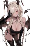  1girl abpart absurdres alternate_costume azur_lane bare_shoulders black_choker black_dress black_gloves black_horns black_panties black_tail black_thighhighs black_wings blush braid breasts brown_eyes choker cleavage commentary covered_navel dark-skinned_female dark_skin demon_girl demon_horns demon_tail demon_wings dress elbow_gloves gloves hair_intakes hair_over_one_eye hand_on_own_thigh highres horns large_breasts leaning_forward long_hair looking_at_viewer low_twin_braids low_wings mole mole_under_mouth ok_sign owari_(azur_lane) panties pelvic_curtain see-through_clothes see-through_dress simple_background skindentation smile solo sparkle tail thighhighs thighs twin_braids underwear very_long_hair white_background wings 