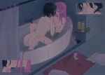  2girls alien_stage ass back bathroom bathtub black_hair blush breasts coldmeow completely_nude curtains dark hands_on_another&#039;s_face highres in_bathtub indoors kiss long_hair looking_at_another mizi_(alien_stage) multiple_girls nude partially_submerged pink_hair same-sex_bathing shared_bathing short_hair sua_(alien_stage) water yuri 