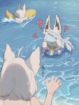  1girl ? ahoge animal_ear_piercing animal_ears beach english_commentary fox_ears fox_girl hand_up highres hololive hololive_gamers kohitsujida lifeboat shirakami_fubuki sukonbu_(shirakami_fubuki) sweat sweatdrop swimming swimsuit twintails virtual_youtuber white_hair 