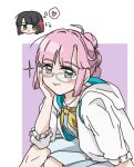  2girls anyoji_hime bespectacled black_hair blue_dress blue_eyes blunt_bangs blunt_ends blunt_sidelocks blush bob_cut border chibi chibi_inset closed_mouth commentary_request dress flower_knot glasses green_eyes hair_intakes hasu_no_sora_school_uniform heart highres hood hooded_jacket jacket link!_like!_love_live! long_hair looking_at_viewer love_live! medium_dress mihasu_ll momose_ginko multi-tied_hair multiple_girls open_clothes open_jacket outside_border pink_hair pleated_dress ponytail purple_background sailor_collar sailor_dress school_uniform short_hair sidelocks simple_background smile solo_focus speech_bubble split_mouth spoken_heart summer_uniform thought_bubble three-quarter_sleeves virtual_youtuber white-framed_eyewear white_border white_jacket white_sailor_collar 