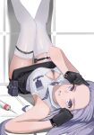  1girl absurdres arm_up armpits bare_arms bare_shoulders belt_pouch black_gloves black_skirt blurry breast_pocket breasts cleavage collared_shirt commentary_request commission depth_of_field downblouse feet_out_of_frame forehead gloves hand_up highres id_card iliu_toa korean_commentary large_breasts legs_up long_hair looking_at_viewer lying manpo miniskirt necktie on_back open_mouth otometale partially_unbuttoned pencil_skirt pocket pouch purple_eyes purple_hair purple_necktie second-party_source shirt shirt_tucked_in side_slit skirt sleeveless sleeveless_shirt solo syringe thigh_strap thighhighs virtual_youtuber white_background white_shirt white_thighhighs zettai_ryouiki 