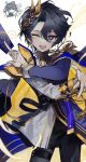  1boy absurdres black_hair blue_cape blue_jacket cape card celestia_(elsword) commentary cowboy_shot elsword grey_jacket hair_ornament highres holding holding_card jacket jewelry long_sleeves looking_at_viewer multicolored_jacket multiple_rings noah_ebalon olyrbn one_eye_closed open_mouth purple_eyes ring short_hair two-sided_cape two-sided_fabric yellow_cape 