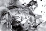  2boys ahoge ashes bishounen chinese_clothes coat crowd fighting_stance floating floating_hair floating_object floating_weapon flute flute_tassel greyscale hair_down hair_ribbon half_updo hanfu highres instrument long_hair looking_to_the_side male_focus mg_ms_dayo modao_zushi monochrome multiple_boys object_floating_above_hand official_alternate_costume official_alternate_hairstyle official_art open_clothes open_coat parted_lips ribbon robe sash smoke standing tassel third-party_source upper_body veins veiny_face wei_wuxian wei_wuxian_(yiling_laozu) wen_ning yin_hu_fu zombie 