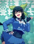  1girl artist_name black_hair bow breasts chabashira_tenko choker covered_navel cropped_shirt danganronpa_(series) danganronpa_v3:_killing_harmony disgust english_commentary eyelashes fingerless_gloves gloves green_background green_eyes hair_ornament hair_ribbon hairband hand_on_own_hip layered_skirt long_hair long_sleeves looking_at_viewer mole mole_under_mouth narrowed_eyes open_mouth partially_shaded_face pink_choker pink_hairband pleated_skirt puff_of_air ribbon sailor_collar school_uniform shirt sidelocks skirt slit_pupils solo soshu_(soshuscribbles) toned toned_female translation_request twintails upper_body very_long_hair watermark 