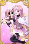  2girls :d artist_collaboration belt belt_buckle bike_shorts black_boots black_gloves blush bodystocking boots border braid buckle card_(medium) chibi cloak commentary_request dot_nose dual_persona fuji_fujino gloves highres holding_hands hood hood_down long_hair magia_record:_mahou_shoujo_madoka_magica_gaiden magical_girl mahou_shoujo_madoka_magica multiple_girls open_mouth papa_(shimeguru) pink_background pink_belt pink_hair pink_skirt pleated_skirt side_braids skirt smile star_(symbol) tamaki_iroha thigh_boots twin_braids very_long_hair white_cloak 