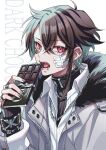  1boy bandaid bandaid_on_cheek bandaid_on_face brown_hair candy chocolate chocolate_bar collared_shirt commentary ear_piercing food grey_jacket grey_nails hair_between_eyes highres holding holding_chocolate holding_food jacket jewelry long_sleeves looking_at_viewer male_focus nail_polish necklace open_clothes open_jacket open_mouth original piercing red_eyes ring shirt short_hair simple_background solo suzaku_(zaku6584) upper_body white_background white_shirt wing_collar zipper 