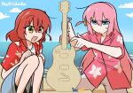  2girls beach blue_eyes bocchi_the_rock! clear_sky crab cube_hair_ornament electric_guitar floral_print_shirt frown gotoh_hitori guitar hair_ornament highres instrument kita_ikuyo long_hair multiple_girls nattydodo_002 ocean open_clothes open_mouth open_shirt pink_hair pink_shirt red_hair red_shirt sand sand_sculpture sculpting shirt side_ahoge side_ponytail signature sky smile summer summer_uniform sweat twitter_username yellow_eyes 