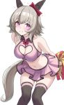  1girl animal_ears arms_behind_back black_thighhighs bow bowtie breasts cheerleader cleavage cleavage_cutout clothing_cutout commentary_request crop_top curren_chan_(umamusume) ear_bow ear_covers grey_hair grey_tail heart_cutout highres holding holding_pom_poms horse_ears horse_girl horse_tail kibihimi looking_at_viewer medium_breasts midriff miniskirt navel pink_eyes pink_skirt pom_pom_(cheerleading) red_bow red_bowtie short_hair simple_background skindentation skirt smile solo tail thighhighs thighs umamusume white_background 