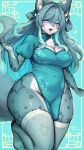 2025 9:16 anthro black_nose blue_body blue_eyes blue_fur blue_hair blue_pawpads blush breasts canid canine canis capelet chest_tuft clothing detailed digital_drawing_(artwork) digital_media_(artwork) dress ear_tuft eyebrow_through_hair eyebrows eyelashes female floral_pattern fur hair hi_res inner_ear_fluff legwear long_hair long_tail mammal medium_breasts multicolored_body multicolored_fur navel_outline on_one_leg open_mouth pawpads portrait ribbons short_dress signature simple_background smile solo standing star_pattern starry_eyes suurin_2 tail teal_clothing thick_thighs thigh_highs translucent translucent_clothing translucent_hair tuft white_body white_fur
