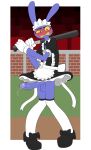 anthro balls baseball_bat bat_(object) big_penis biped blush bodily_fluids clothed clothing crossdressing erection eyebrows genital_fluids genitals glans glitch_productions hi_res humanoid_genitalia humanoid_penis jax_(tadc) lagomorph maid_uniform male mammal munkeesgomu penis precum purple_body solo the_amazing_digital_circus uniform